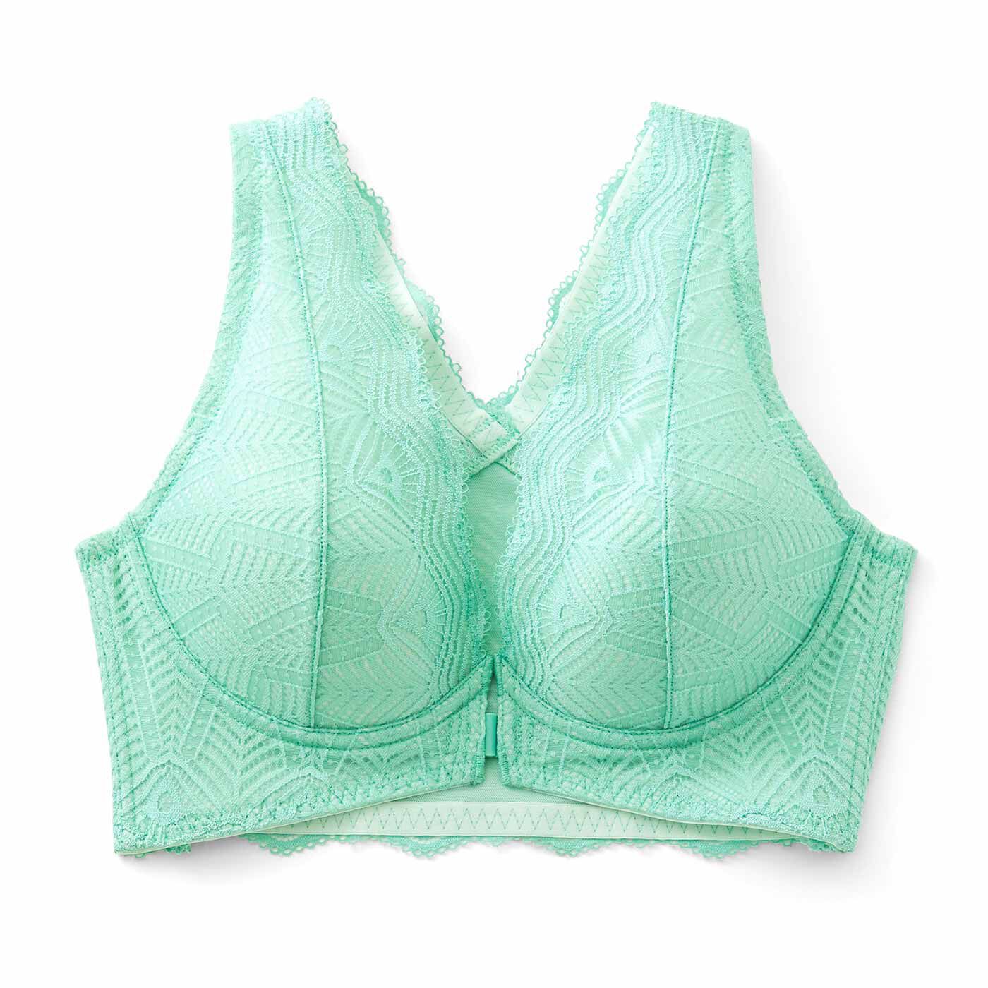 flufeel|肩甲骨をらくらく意識で背筋ピン！ ヨガ気分ブラ〈リフレッシュレース/フロントオープン〉|〈グリーン〉