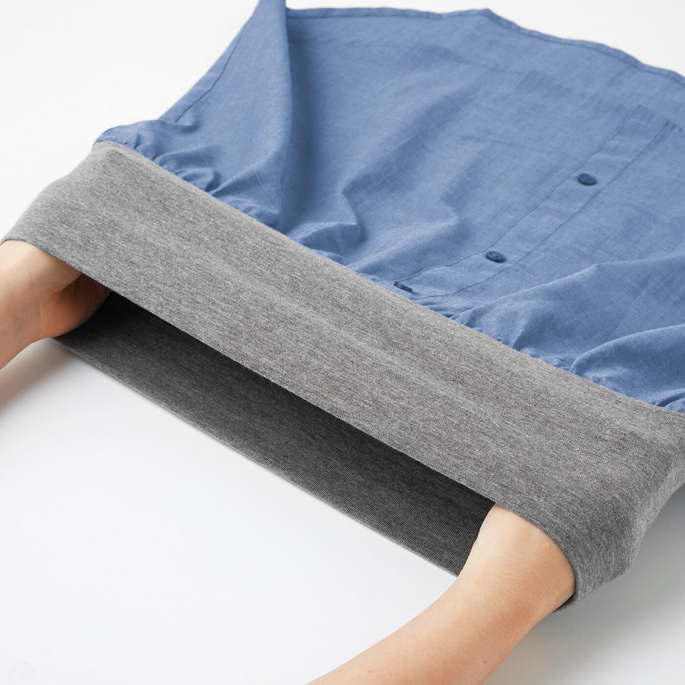 flufeel|こそっと体形＆冷えをカバー　シャツ見えで着こなしすっきり　重ね着風付けすその会|ウエスト部は腹巻き仕様で、分厚すぎず締め付けにくい、伸びやかな生地。
