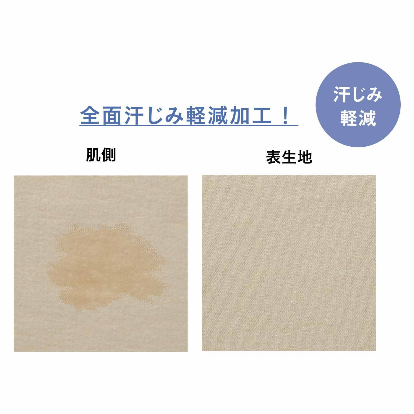 flufeel|【7月分以降お届け】わき、背中、胸もとの汗じみ対策に さわやかに着まわし力上がるフレンチスリーブトップスの会|肌側全面に汗じみ軽減加工をほどこした天じく素材。わきや背中、胸もとなど汗じみが気になるポイントの汗が表生地にしみ出しにくい。