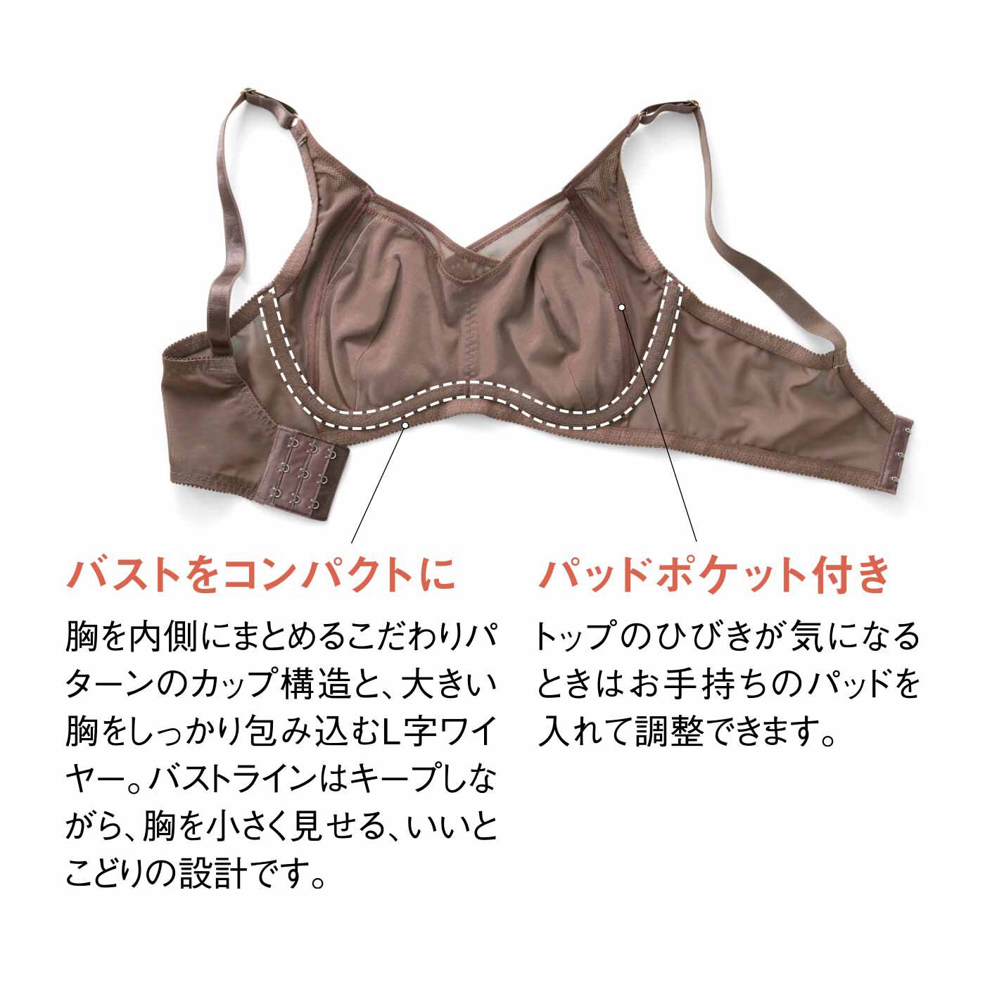 flufeel|大きい胸さんのためのL字ワイヤーでバストラインをキープ ボリュームおさえてフラットブラの会|Front〈肌側〉