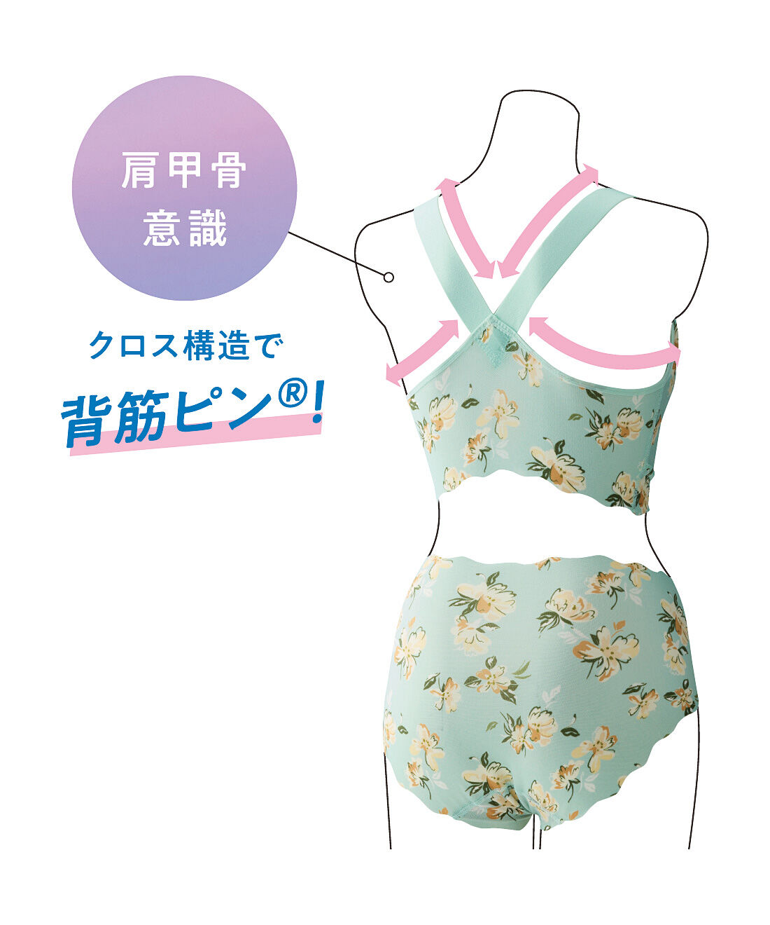 flufeel|【8月分以降お届け】スラっとピン！　動きやすいブラ＆ショーツ〈ブルーミングフラワー〉の会|幅広のゴムストラップとクロス構造で背筋を支える。