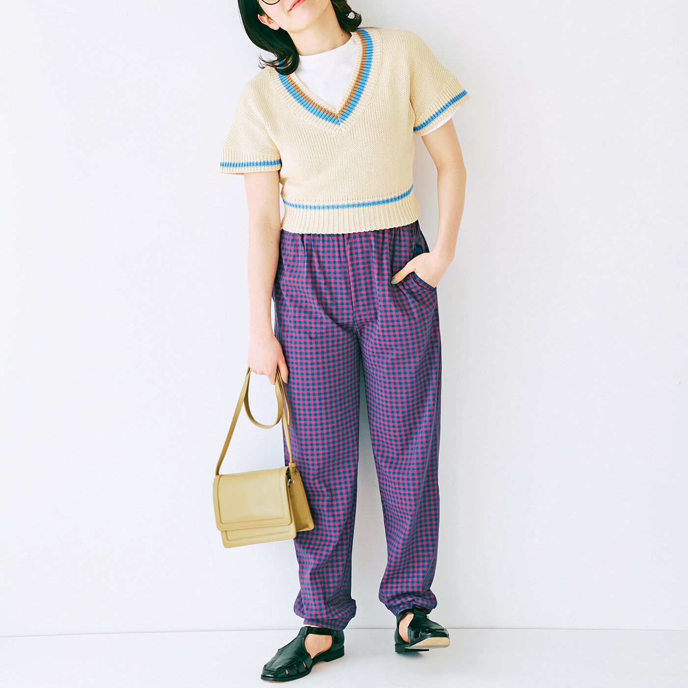flufeel|くったりらくちん　ポロシャツ風トップスとギンガムボトムスの綿混ウェアセットの会