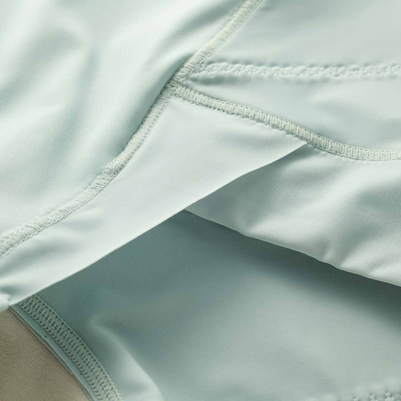 flufeel|下腹＆下尻に自信が持てる やさしく包む ハンサムサポートショーツの会|脚口の圧迫感を軽減する、切り替えとフロントわきパーツのフリーカット。