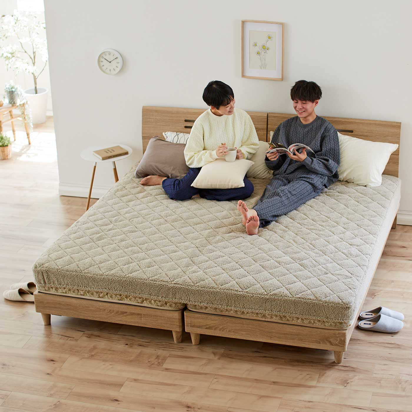 フェリシモの雑貨Kraso［クラソ］|クーフゥ　まるで雲の上で眠っているみたい シープボアに全身ゆだねる 中わたふんわりクッション敷カバー〈ファミリー〉の会|シングルベッドを2つ合わせたサイズが、ファミリーサイズになります。