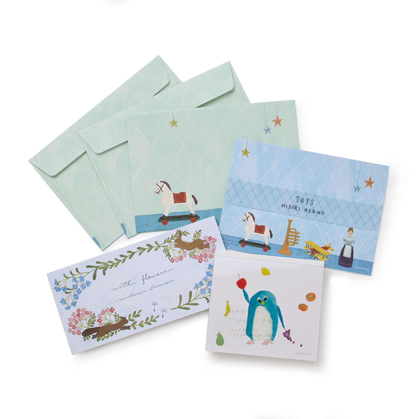フェリシモの雑貨 Kraso|cozyca products 人気作家さんのかわいいイラストが楽しめる  紙もの文具セット  PART2の会|●1回のお届けセット例です。セット内容：ブロックメモ1冊、一筆箋1冊、ミニレターセット