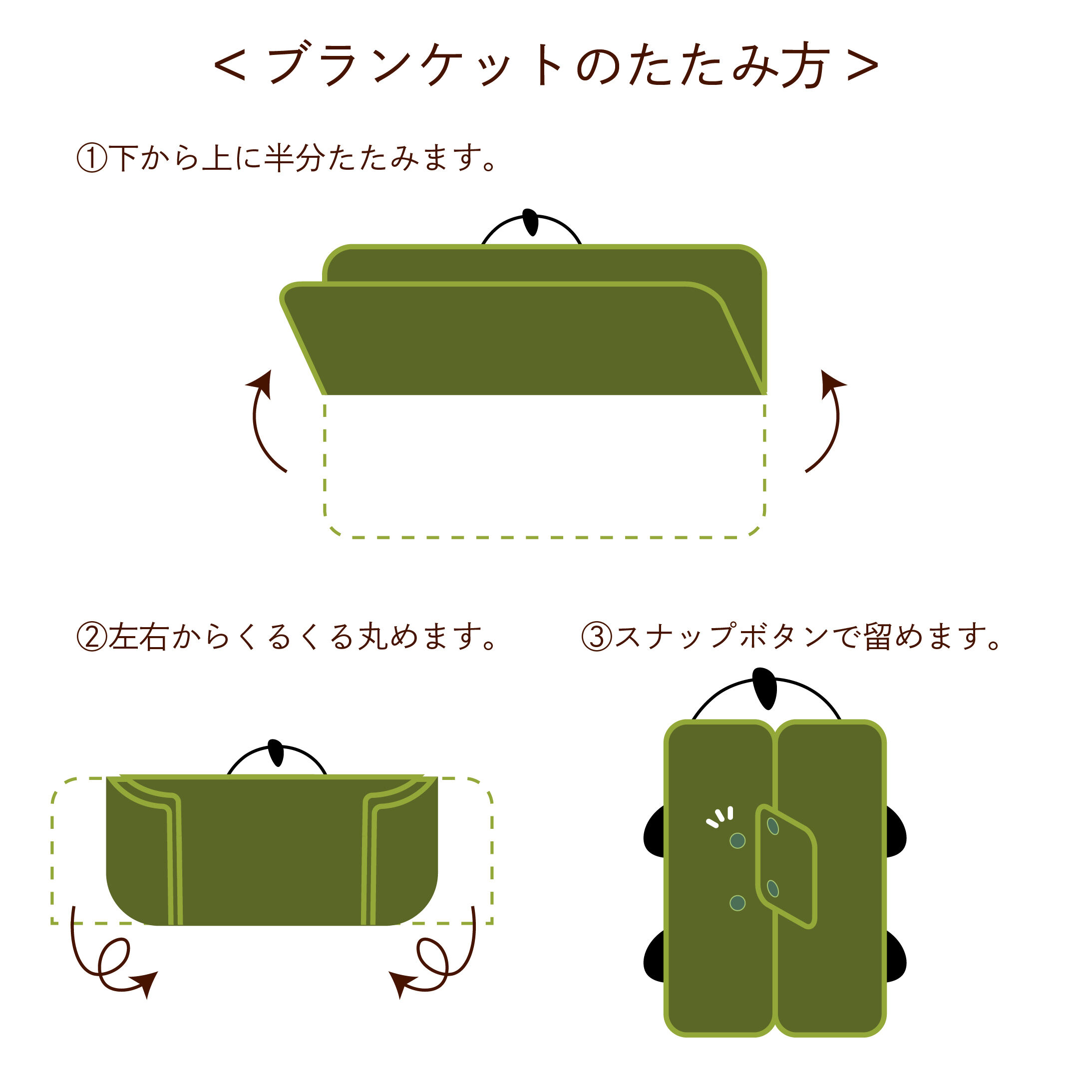 フェリシモの雑貨 Kraso|パンダコパンダ　抱きつきパンちゃんの竹筒風ブランケット|＜ブランケットのたたみ方＞下から上に半分たたみ、左右から丸めて、スナップボタンで留めるだけ。