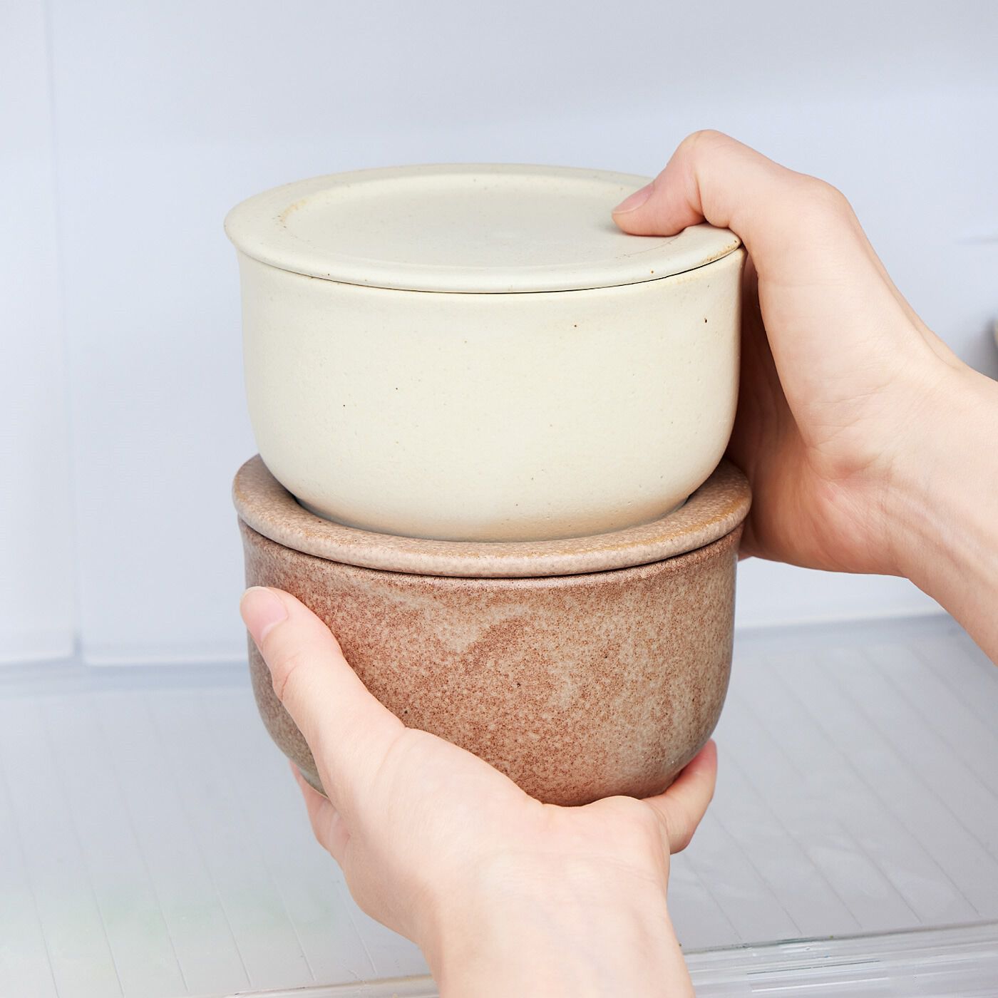 フェリシモの雑貨 Kraso|エスキューブキッチンズ　レンチンでご飯ふっくら　器遣いもできる　一膳おひつボウルの会|ふた付きなので、重ねて冷蔵庫で保存OK。