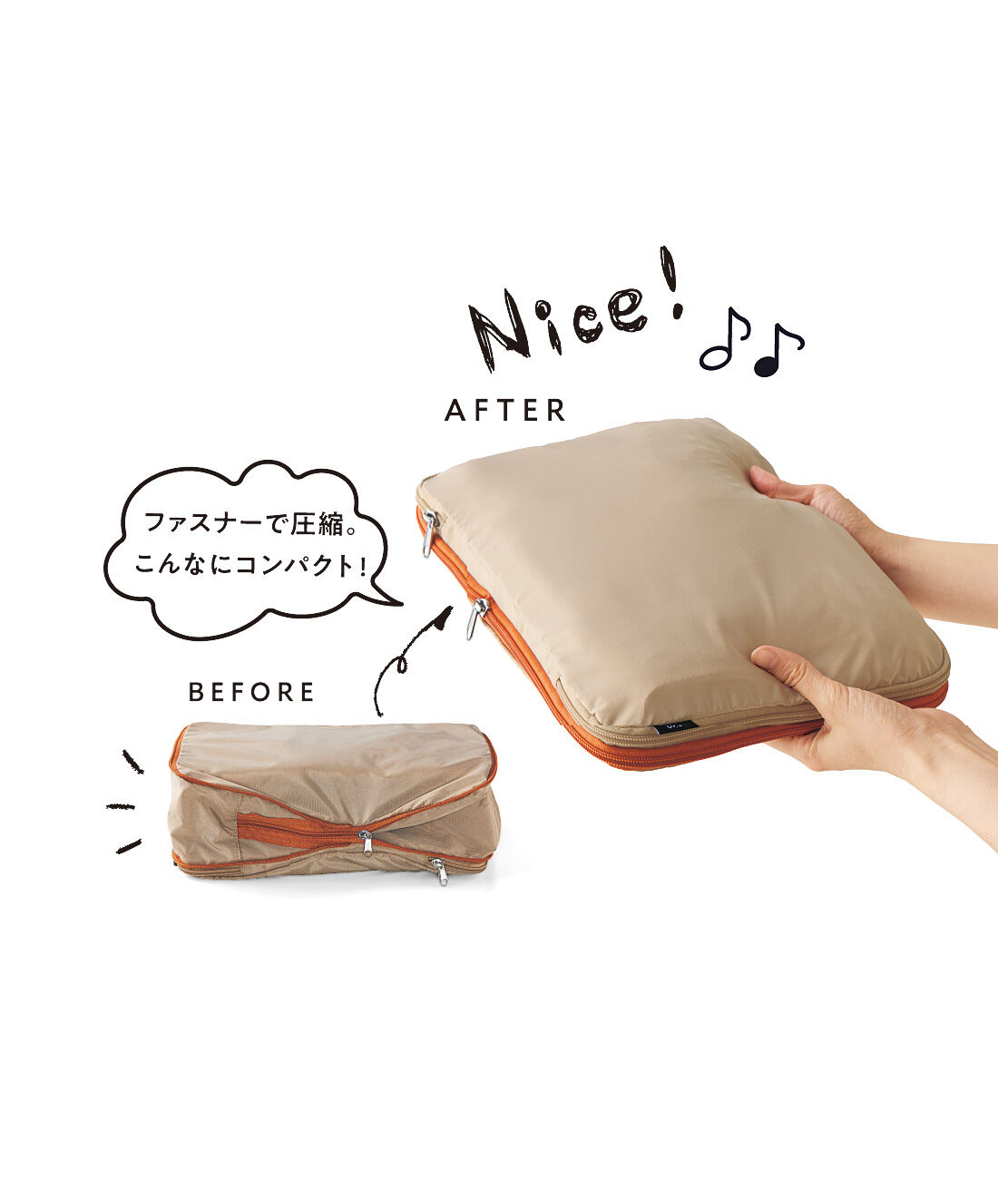 フェリシモの雑貨 Kraso|【8月分以降お届け】UP.de　ぱたぱた広げてつり下げ＆圧縮　華やぎカラーパッキングポーチの会|フェイスタオル3枚もこんなにコンパクトに。1泊分もらくらく収納◎。