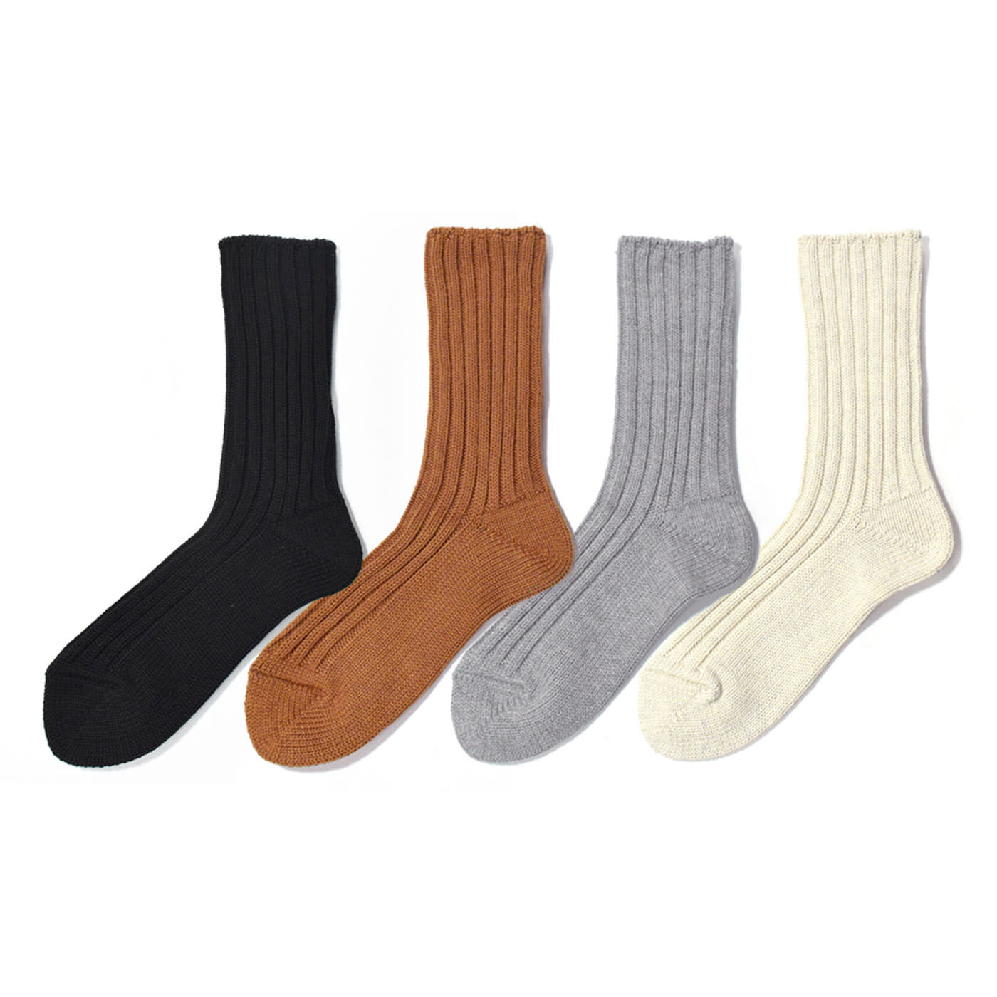 フェリシモの雑貨 Kraso|ふっくらやわらかな履き心地！  やや厚手のコットンリブソックス〈Puffy〉|左から、お申し込みカラー 1：ブラック 　2：キャメル　 3：グレー　 4：オートミール