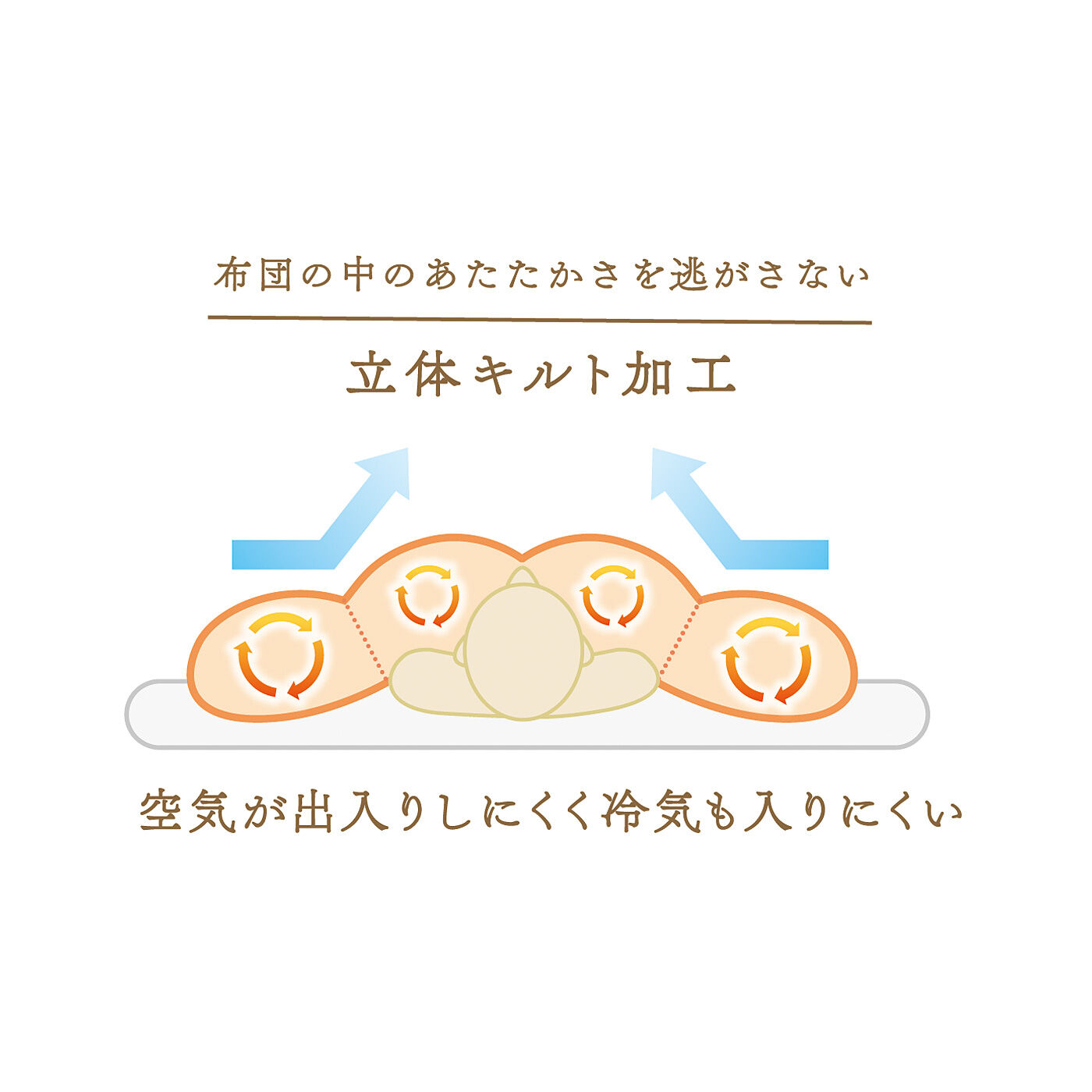 フェリシモの雑貨Kraso［クラソ］|クーフゥ　クリーン＆ふんわりボリュームで手放せない心地よさ　自然の恵みを大切に使ったリサイクルダウンの合い掛け布団〈セミダブル〉|羽毛の部屋ひとつひとつが立体的な構造なので、空気が出入りしにくく、あたたかさを閉じこめます。
