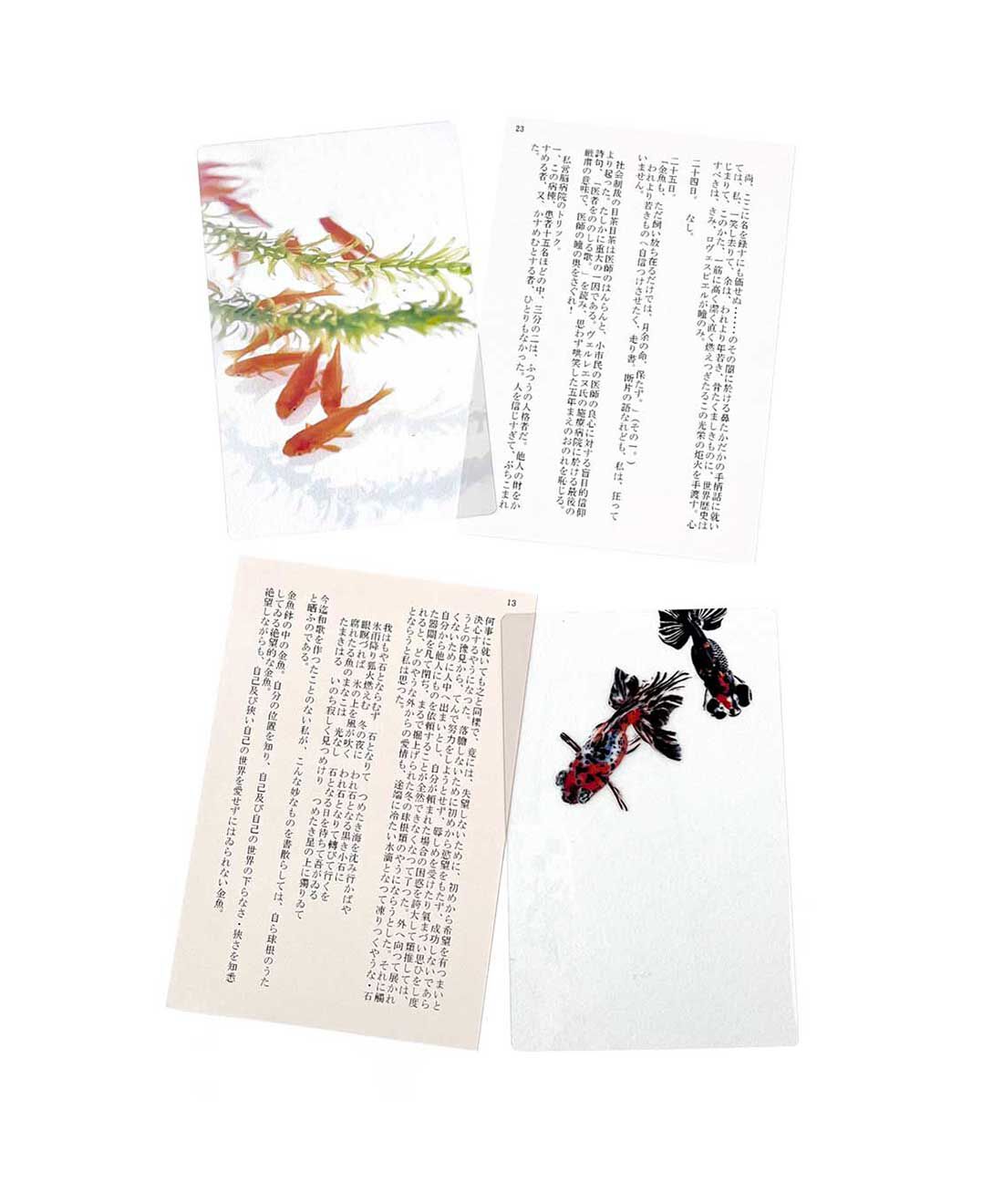 フェリシモの雑貨 Kraso|本好きさんに贈る「透明しおり」２種類セット〈金魚〉の会|●1回のお届けセット例です。透明しおり2枚セット（柄違い）。上：小赤と水草 下：キャリコ 。文庫本サイズの素敵な台紙にセットしてお届けします。