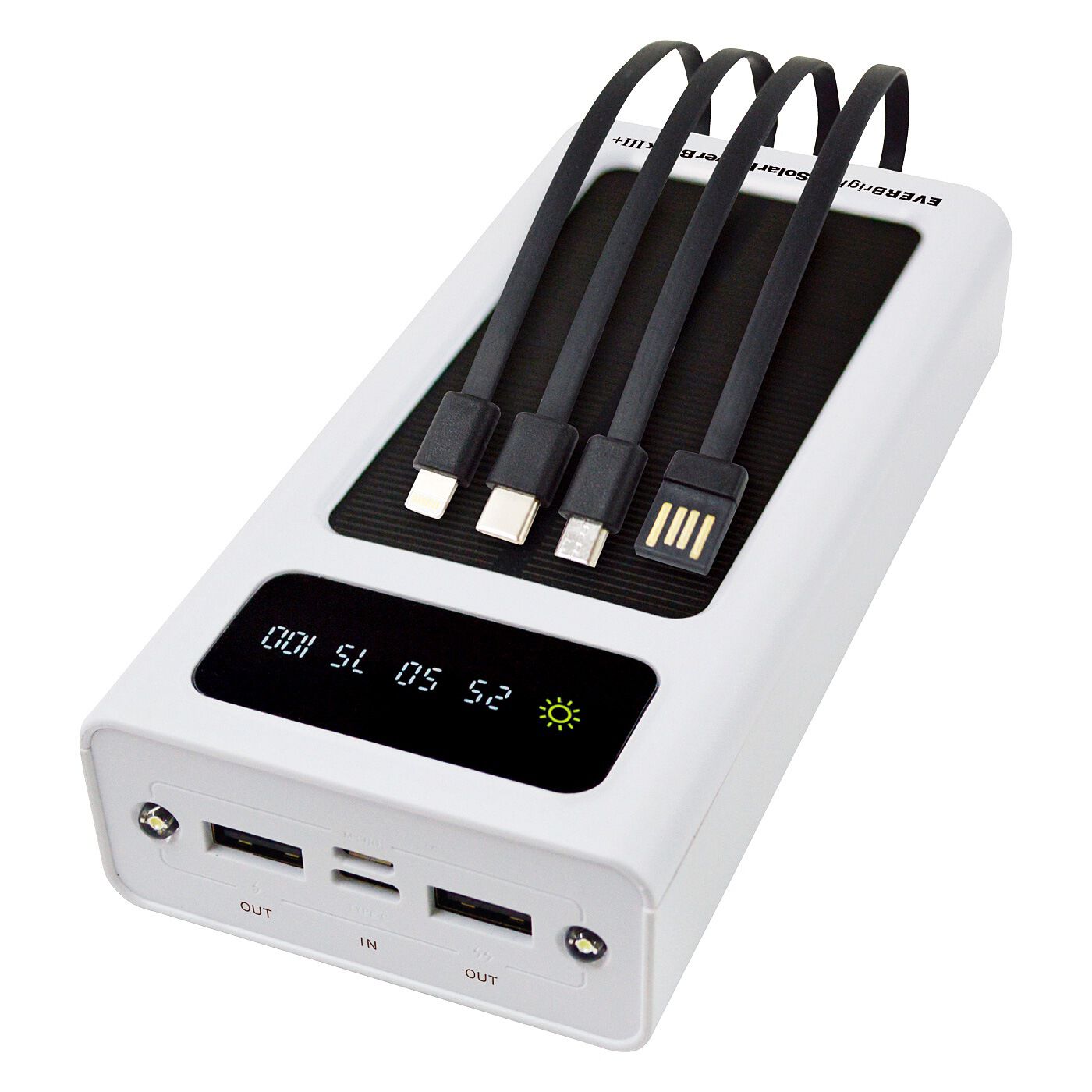フェリシモの雑貨 Kraso|スマホ5台を同時充電！　ケーブル・ＬEDライト内蔵でソーラー充電もできる 手のひらサイズのパワーバンク〈20000mAh〉