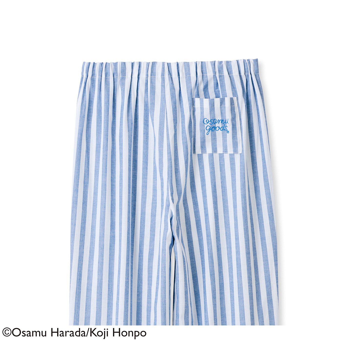 フェリシモの雑貨 Kraso|USEDo×OSAMU GOODS　タイムレスな「かわいい」　ジルとおそろい ストライプパジャマ|パンツの後ろポケットにはOSAMU GOODSのロゴを刺しゅう。