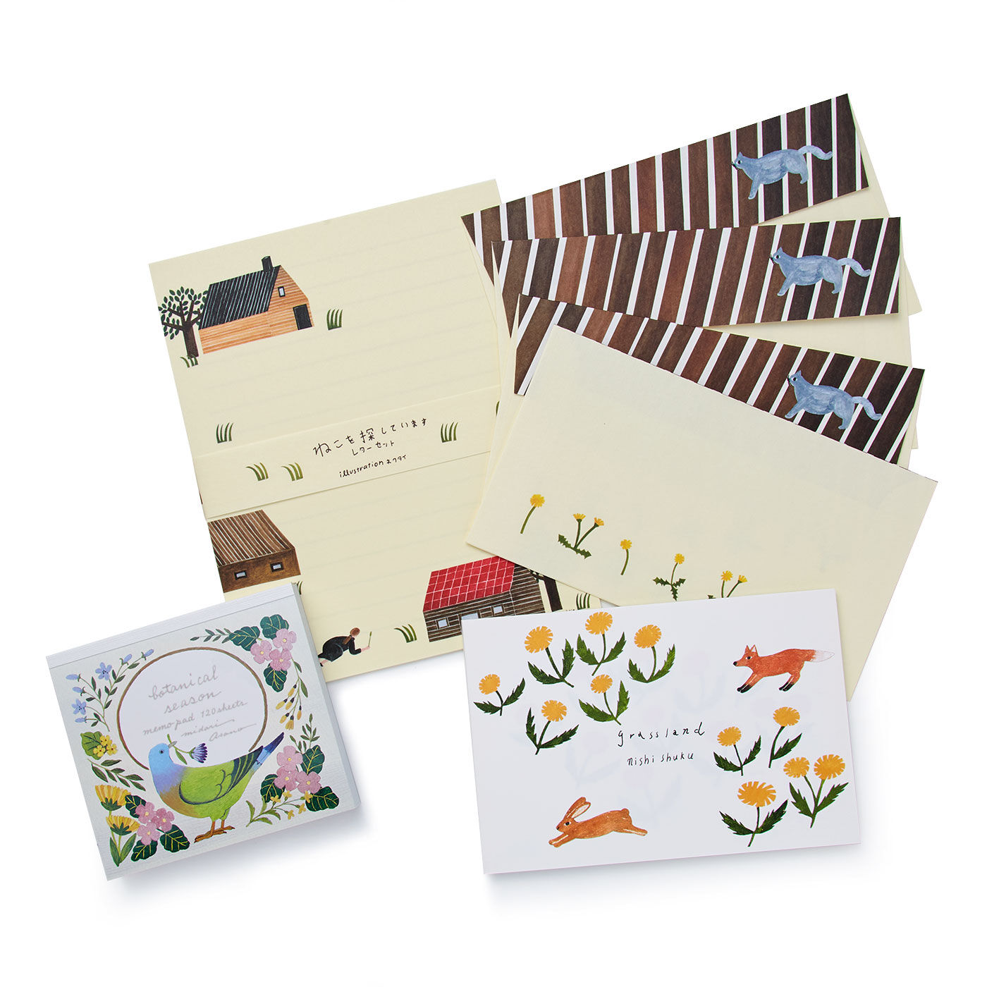 フェリシモの雑貨 Kraso|cozyca products 人気作家さんのかわいいイラストが楽しめる  紙もの文具セット  PART2の会|●1回のお届けセット例です。セット内容：ブロックメモ1冊、はがき箋1冊、レターセット