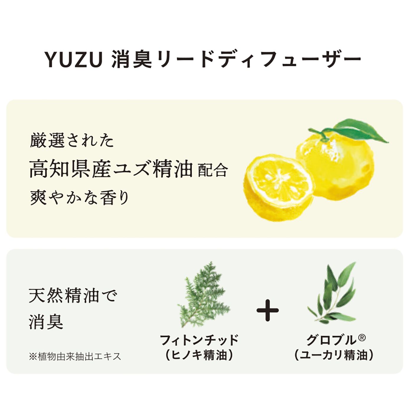 フェリシモの雑貨 Kraso|高知県産ＹＵＺＵ　消臭リードディフューザーの会|着香成分として、高知県産ゆず精油配合。消臭成分として、天然精油のヒノキ精油、ユーカリ精油、柿渋エキス、緑茶エキスを配合。