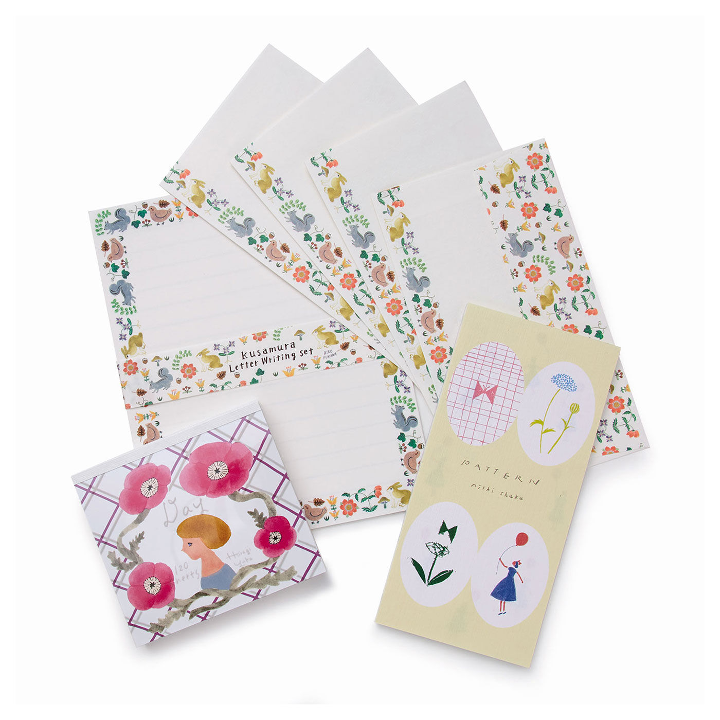 フェリシモの雑貨 Kraso|cozyca products 人気作家さんのかわいいイラストが楽しめる  紙もの文具セット  PART2の会|●1回のお届けセット例です。セット内容：ブロックメモ1冊、一筆箋1冊、レターセット