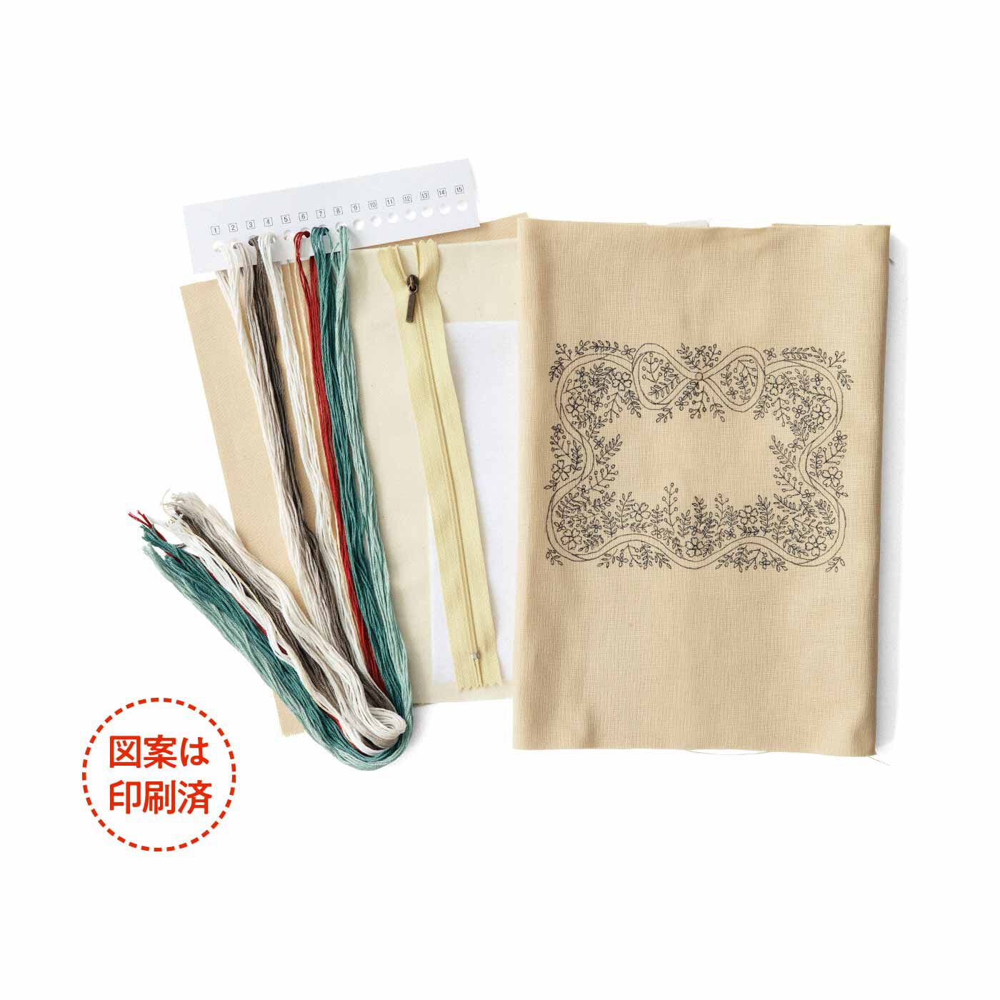 Couturier[クチュリエ]|多彩な色で魅せる豊かな世界 植物をぎゅっと詰め込んだ 刺しゅうポーチの会|●1回分のお届けキット例です。図案は印刷済みです。たくさんの色の糸をセットしてお届けします。