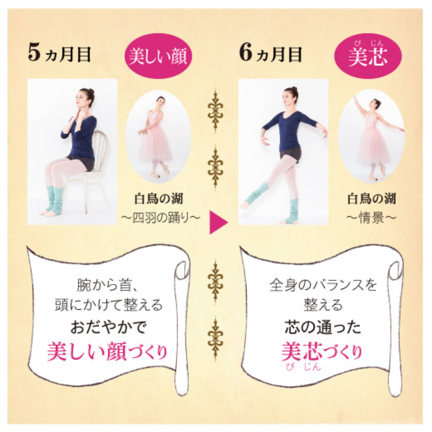 ミニツク|【タイプが選べる】芯からしなやかな「からだ」をつくる　リラックス美バレエレッスンプログラム|〈5. 美しい顔〉肩こりや疲れ目を解消し、おだやかな表情に。ほっそり二の腕も手に入れましょう。〈6. 美芯〉しなやかで真っすぐな芯を保ち、美しく動くからだを完成させます。