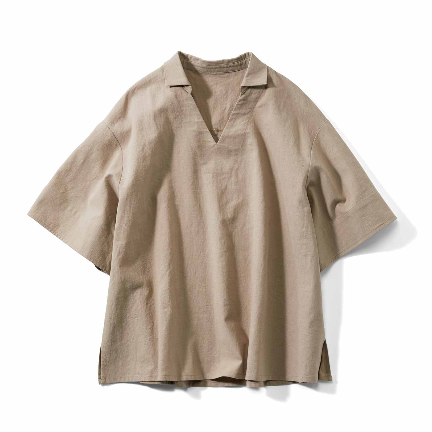 はまじさん 大人にちょうどいい 衿つき麻混Tブラウス〈ベージュ〉