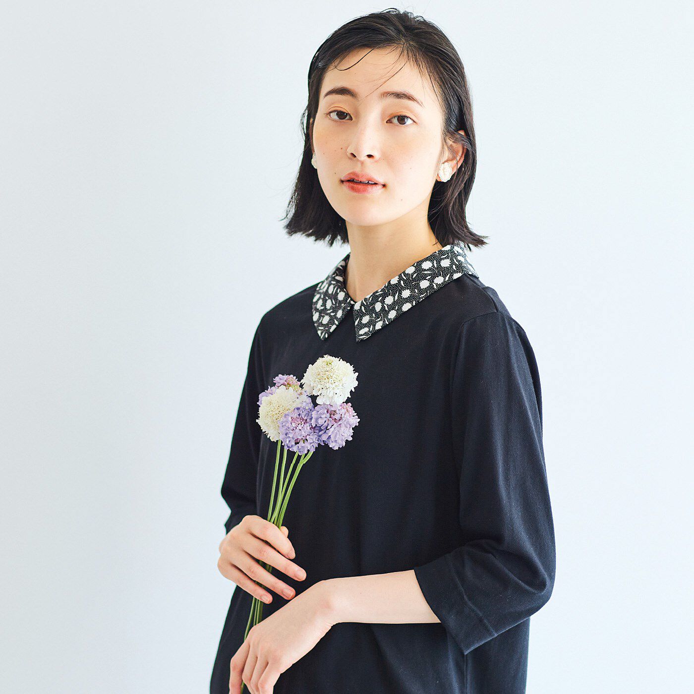 フラウグラット 首もと華やか 小花柄衿のきれいめカットソートップス〈吸水速乾〉の会【送料無料】