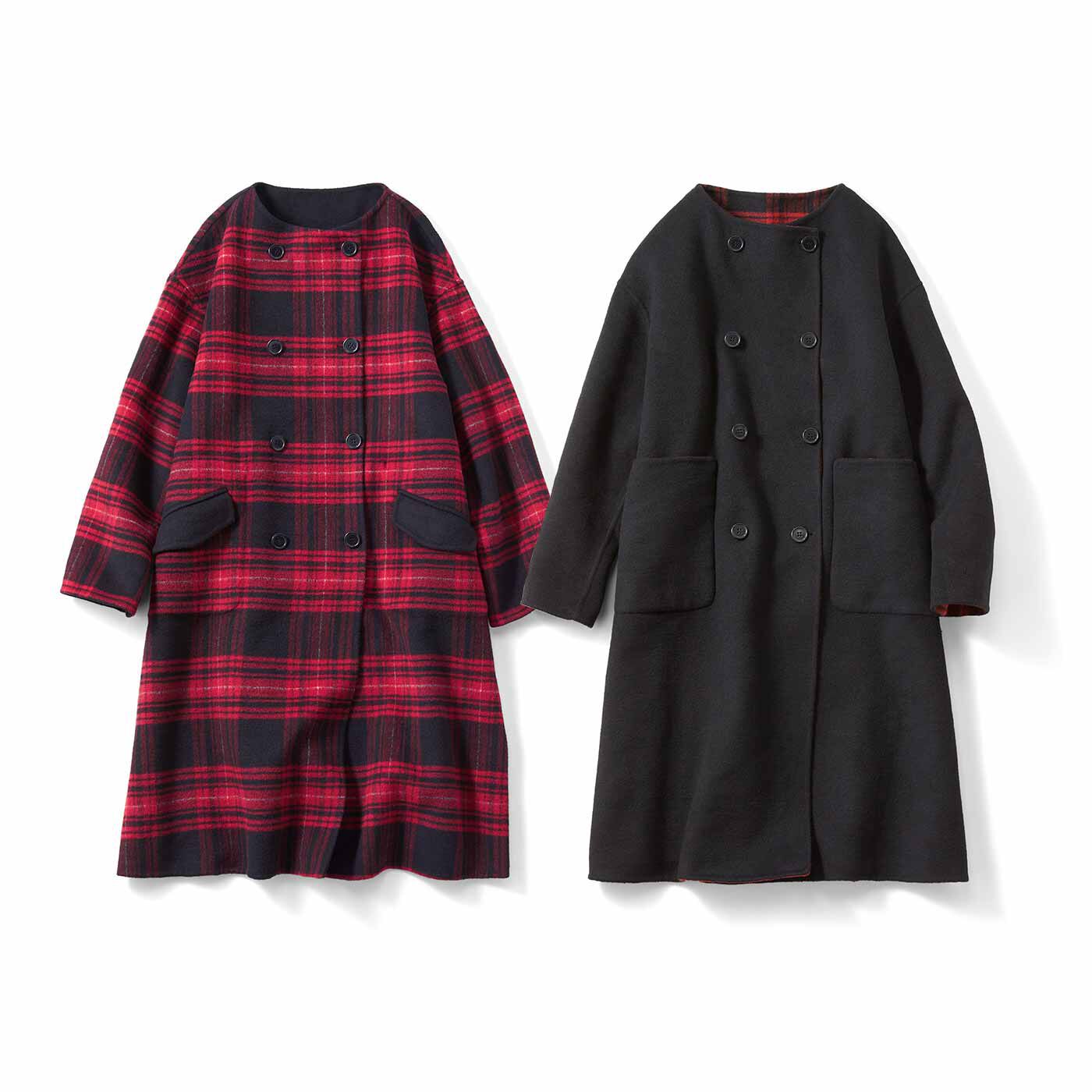 IEDIT[イディット] きくちあつこさんコラボ チェックと無地で華やかにもシックにも着こなせる2-WAYリバーコート〈レッドチェック×ブラック〉【送料無料】