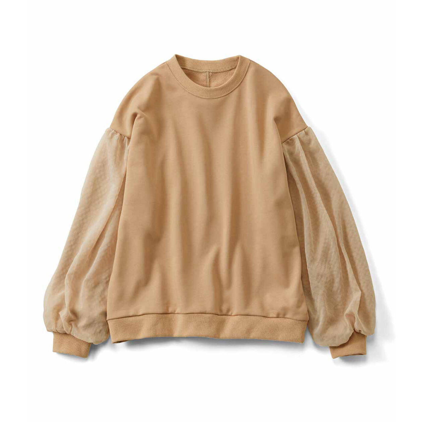 袖のシフォンで甘さを添えた 大人に似合う上品スウェット着心地のいい裏毛スウェットは、袖にふんわり軽やかなシフォンを重ねてほんのり甘い味付けに。つかず離れずのシルエットで、スカートにもパンツにも合わせや
