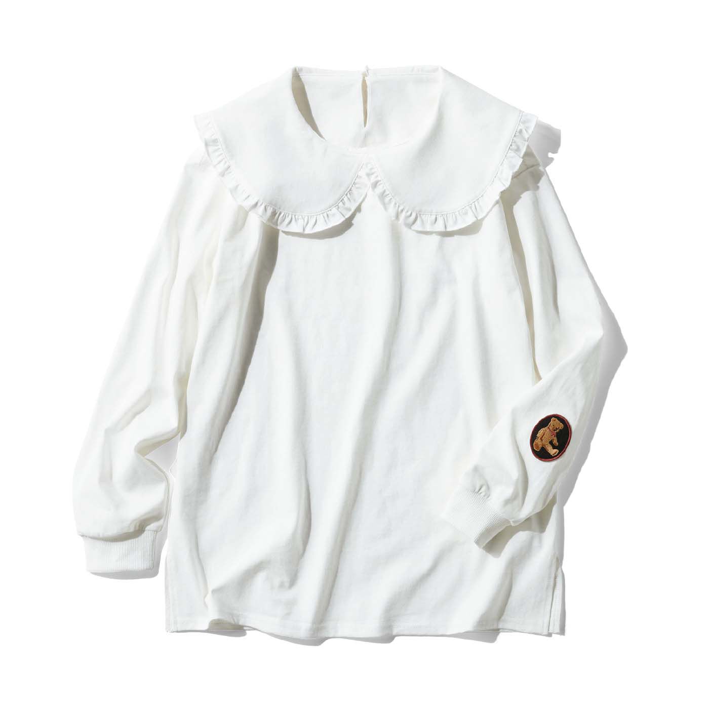 Tシャツ素材でつくったフリル衿のワッペントップス〈ホワイト〉【送料無料】