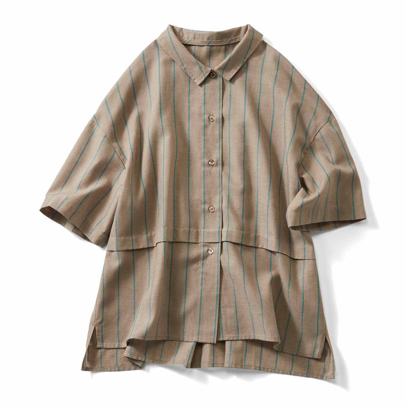 リブ イン コンフォート 涼やかで肌心地のいい とろ麻五分袖シャツ 〈ベージュ×ピーコック〉【送料無料】