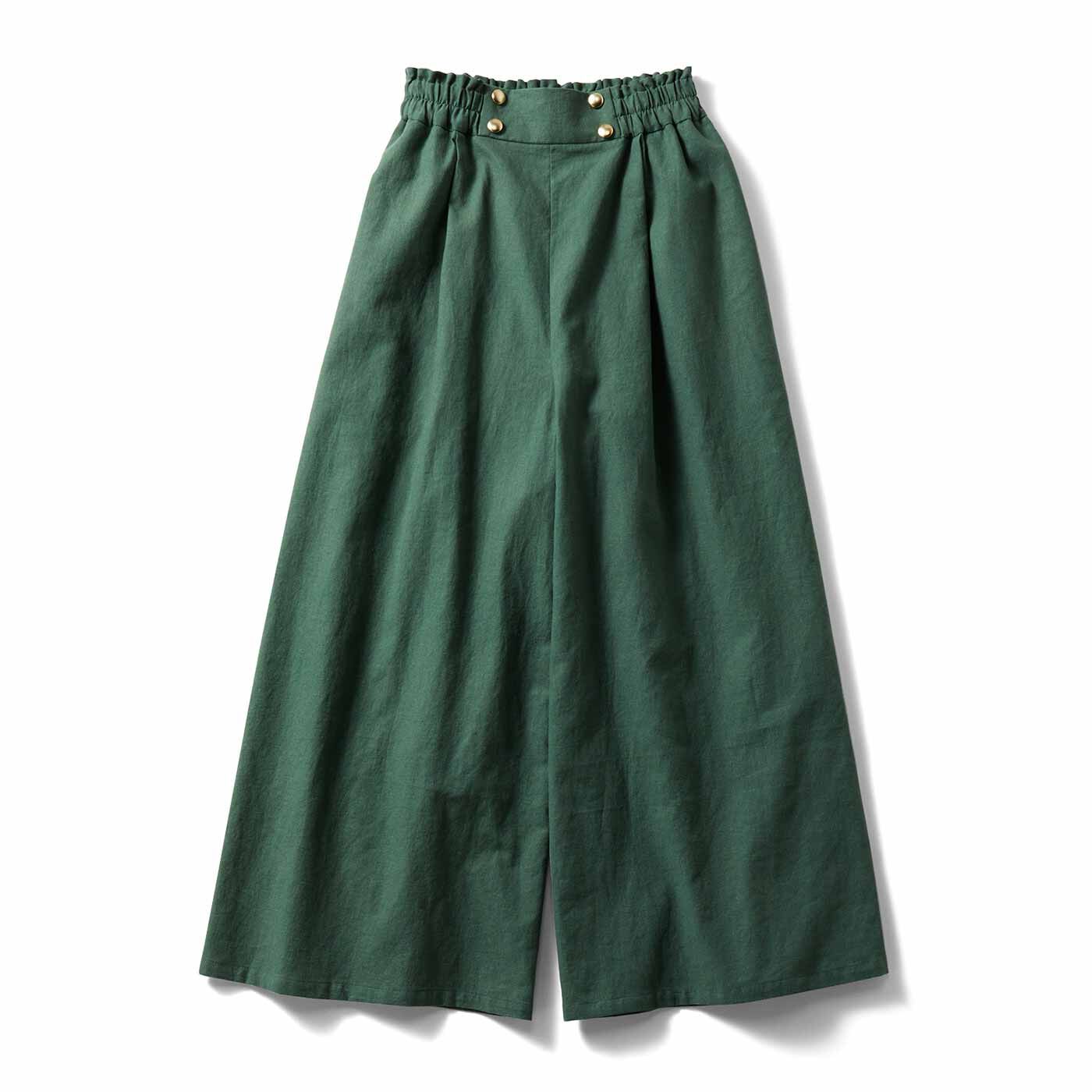 リブ イン コンフォート ゴールドボタンがキラリと上品な麻混ガウチョパンツ 〈フォレストグリーン〉【送料無料】