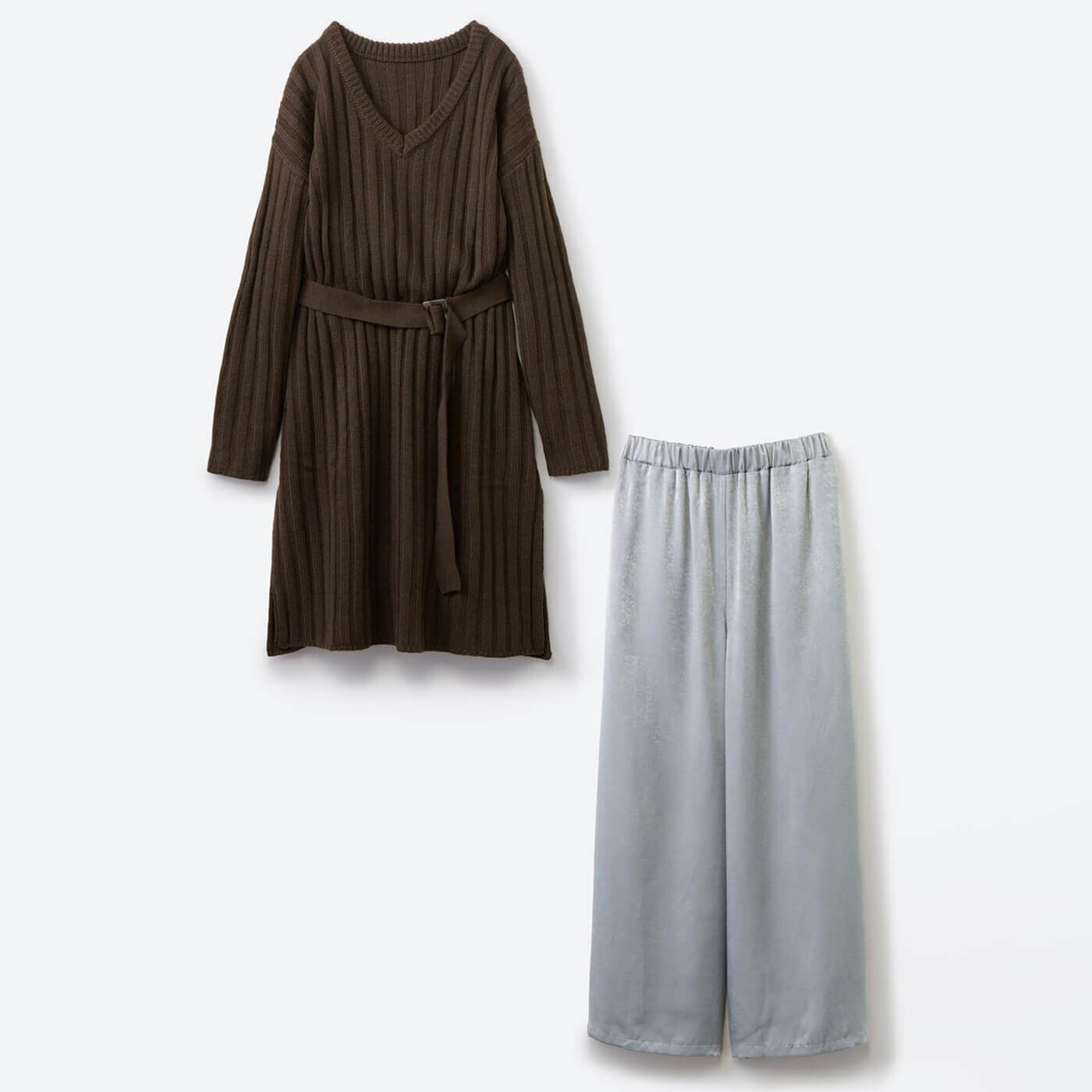 haco! 簡単にこなれコーデが完成する 単品使いもしやすいゆるシルエットニットとサテンパンツの便利なセット〈ブラウン〉【送料無料】