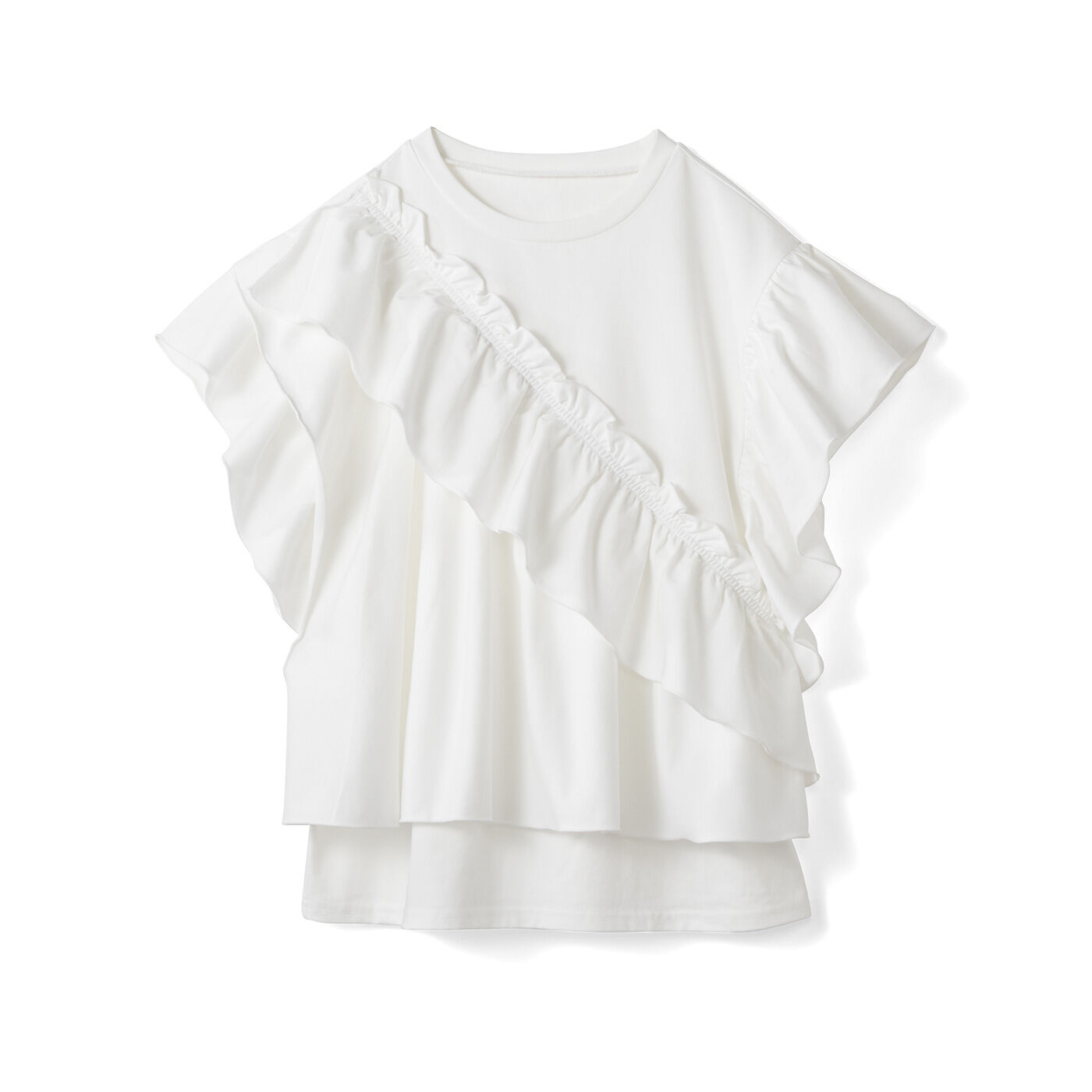 Tシャツライクに着られて、一枚で主役級の華やかさ。スッキリとしたシルエットのトップスに、トレンドのフリルをたっぷりと! 目を惹く身ごろの斜めフリルに、レイヤーでおなかまわりもひらりとカモフラージュ。さ