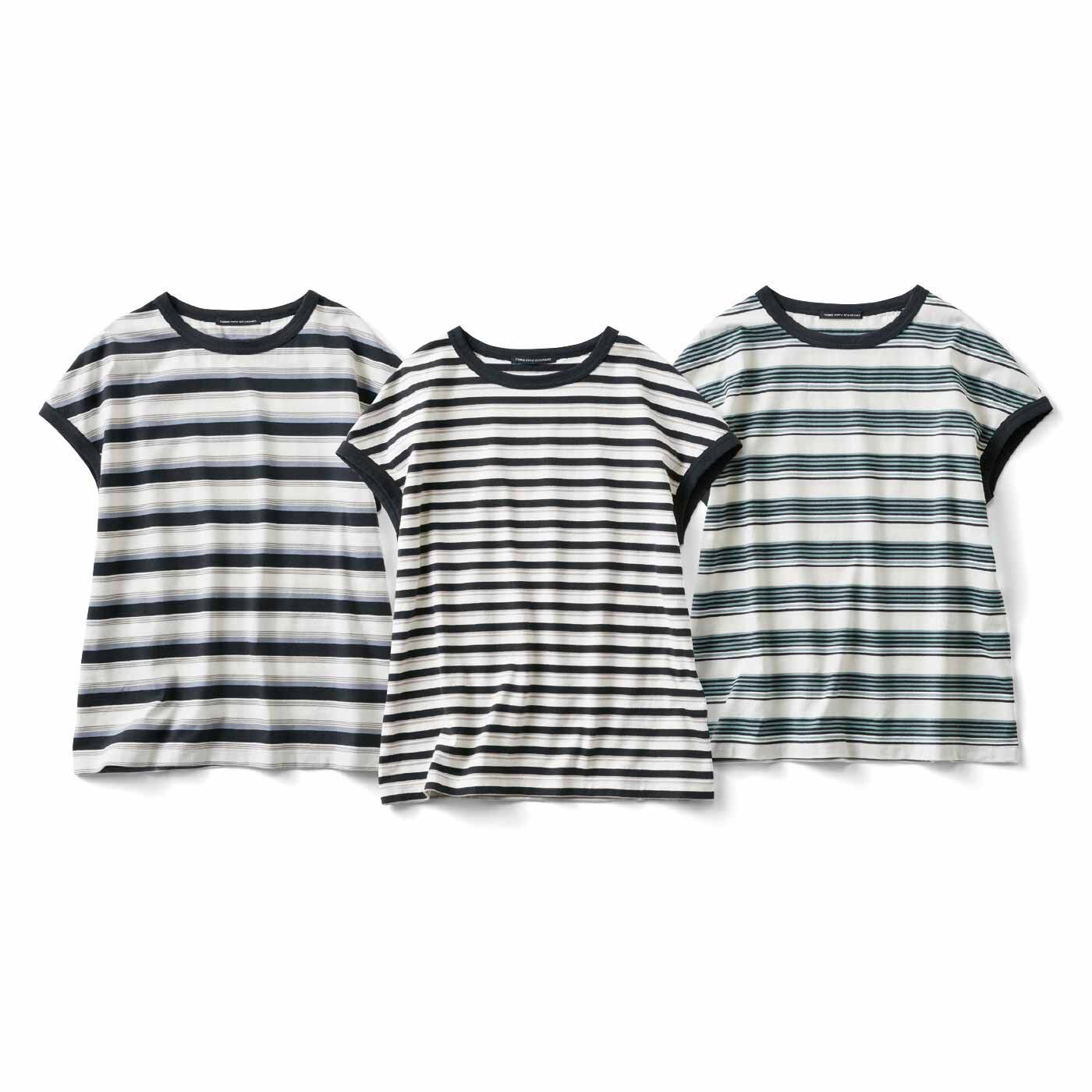 THREE FIFTY STANDARD シックなマルチボーダーのフレンチスリーブTシャツの会【送料無料】