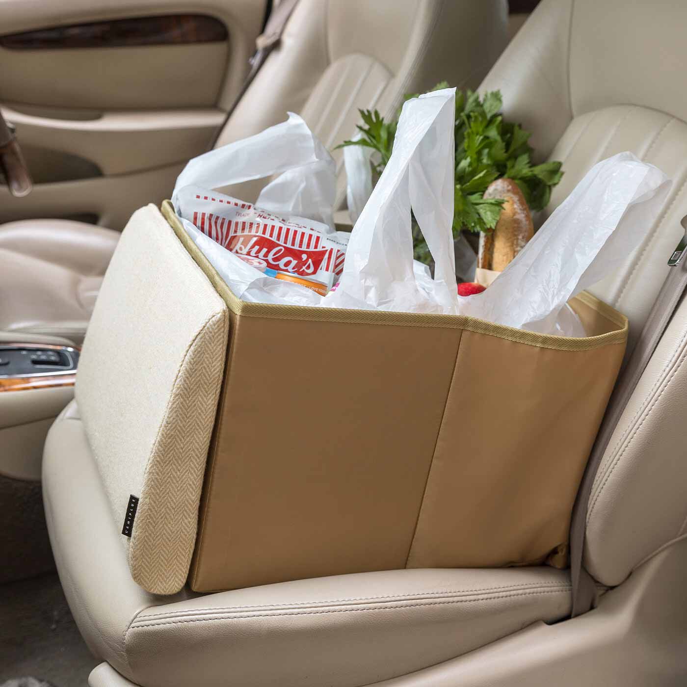 ラミプリュス 背もたれクッションをサッと引くだけ 荷物の転落を防ぐ 助手席にも便利なシートボックス〈へリンボーン〉の会【送料無料】