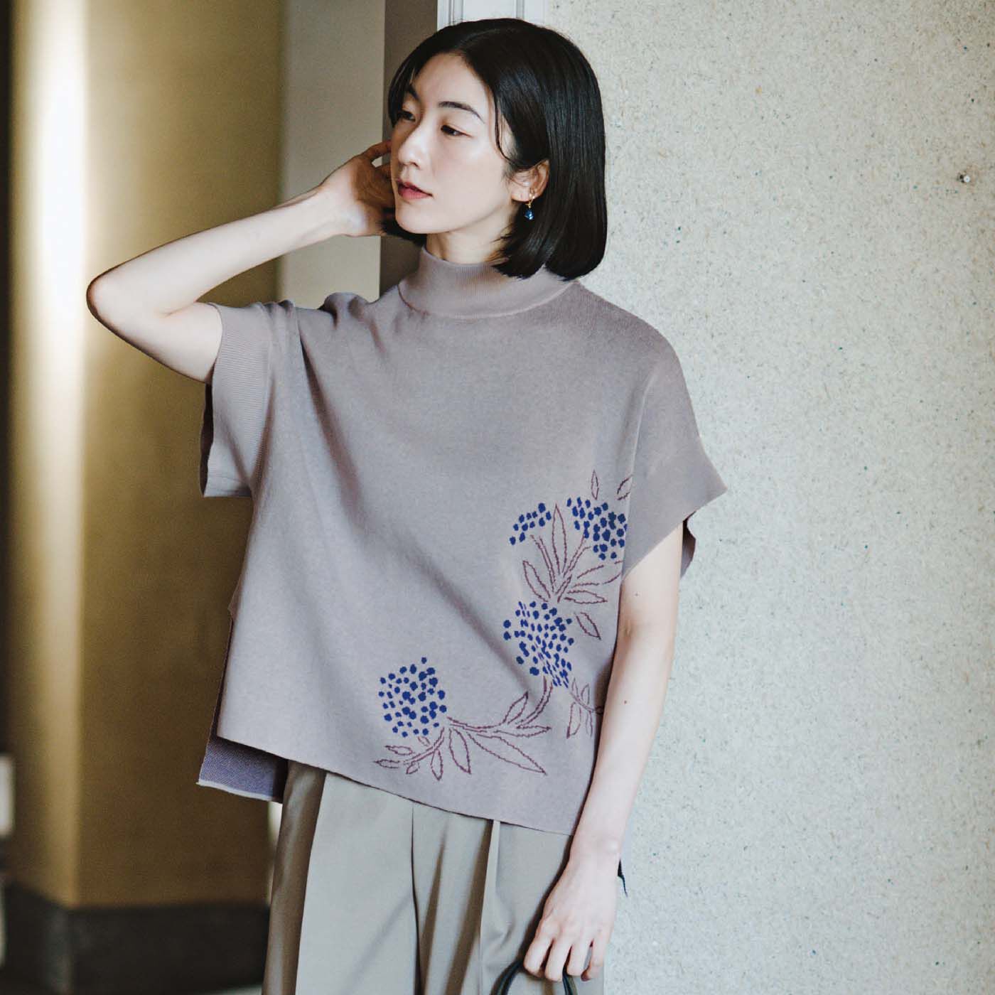 el: ment×山本祐布子 あたためハーブ柄をまとう シルク混ハイネックのジャカードニットトップスの会【送料無料】