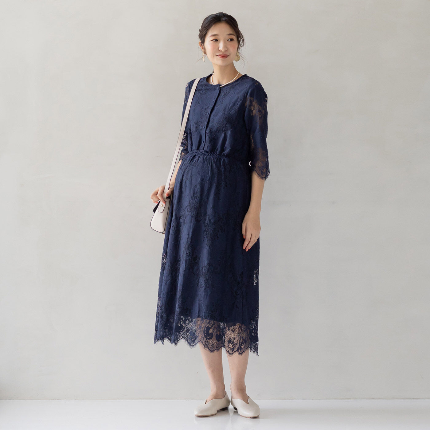Moredde マタニティ・産後も使える 授乳もできる総レースオケージョンワンピース〈ダークネイビー〉【送料無料】
