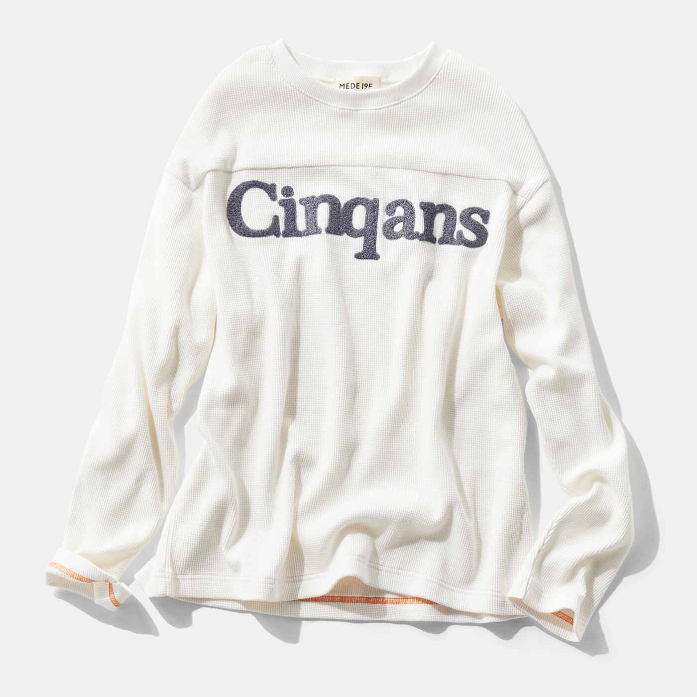 MEDE19F さがら刺しゅうの裏起毛ワッフルTシャツ〈オフホワイト〉【送料無料】