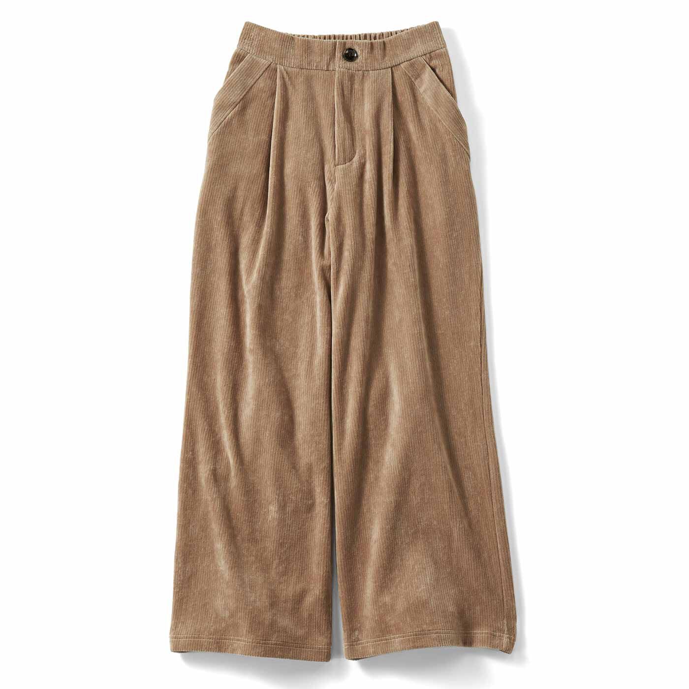 IEDIT[イディット] カットソーコーデュロイで快適 きれい見えシルエットのワイドパンツ〈スモーキーベージュ〉【送料無料】