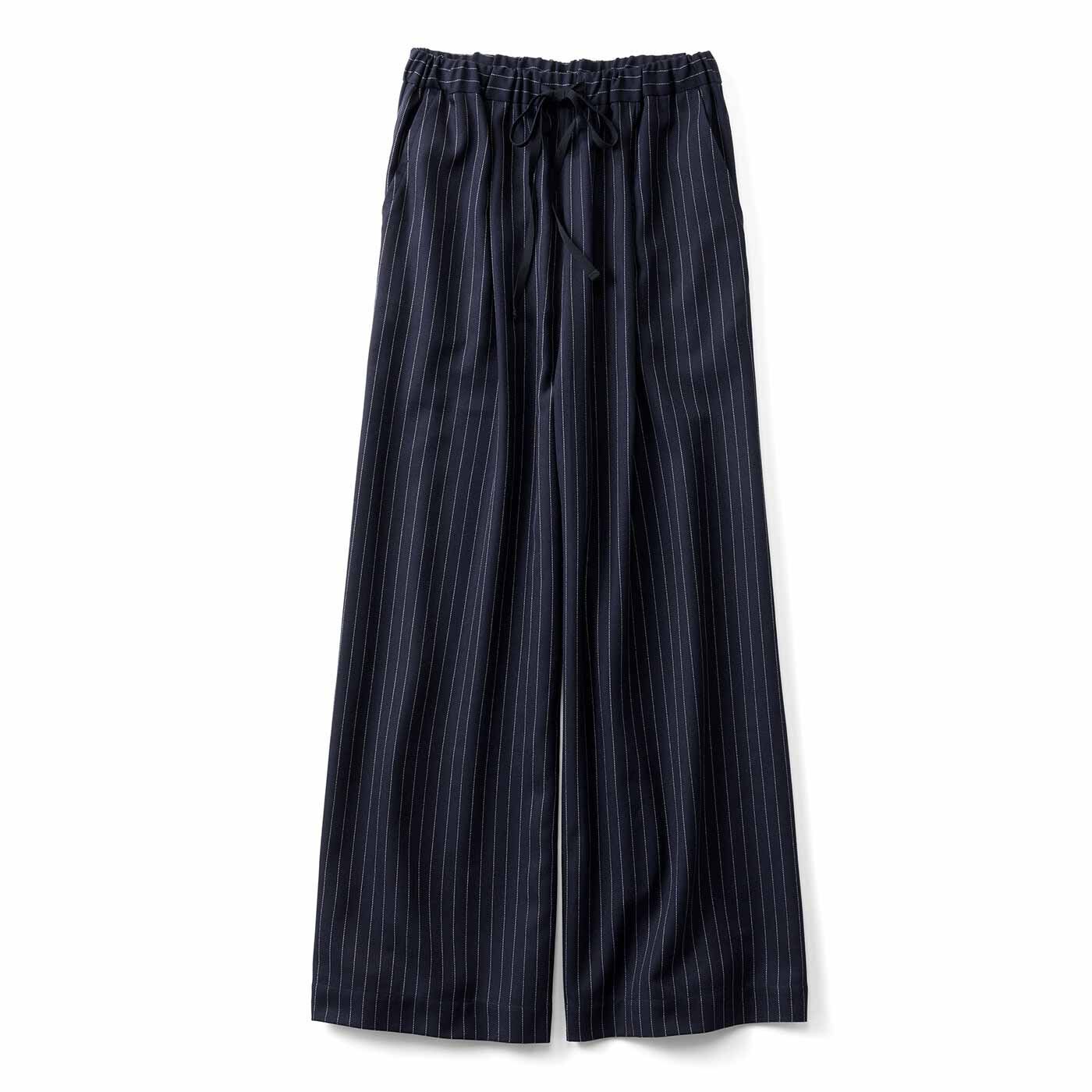 THREE FIFTY STANDARD ピンストライプのワイドパンツ〈ネイビー〉【送料無料】