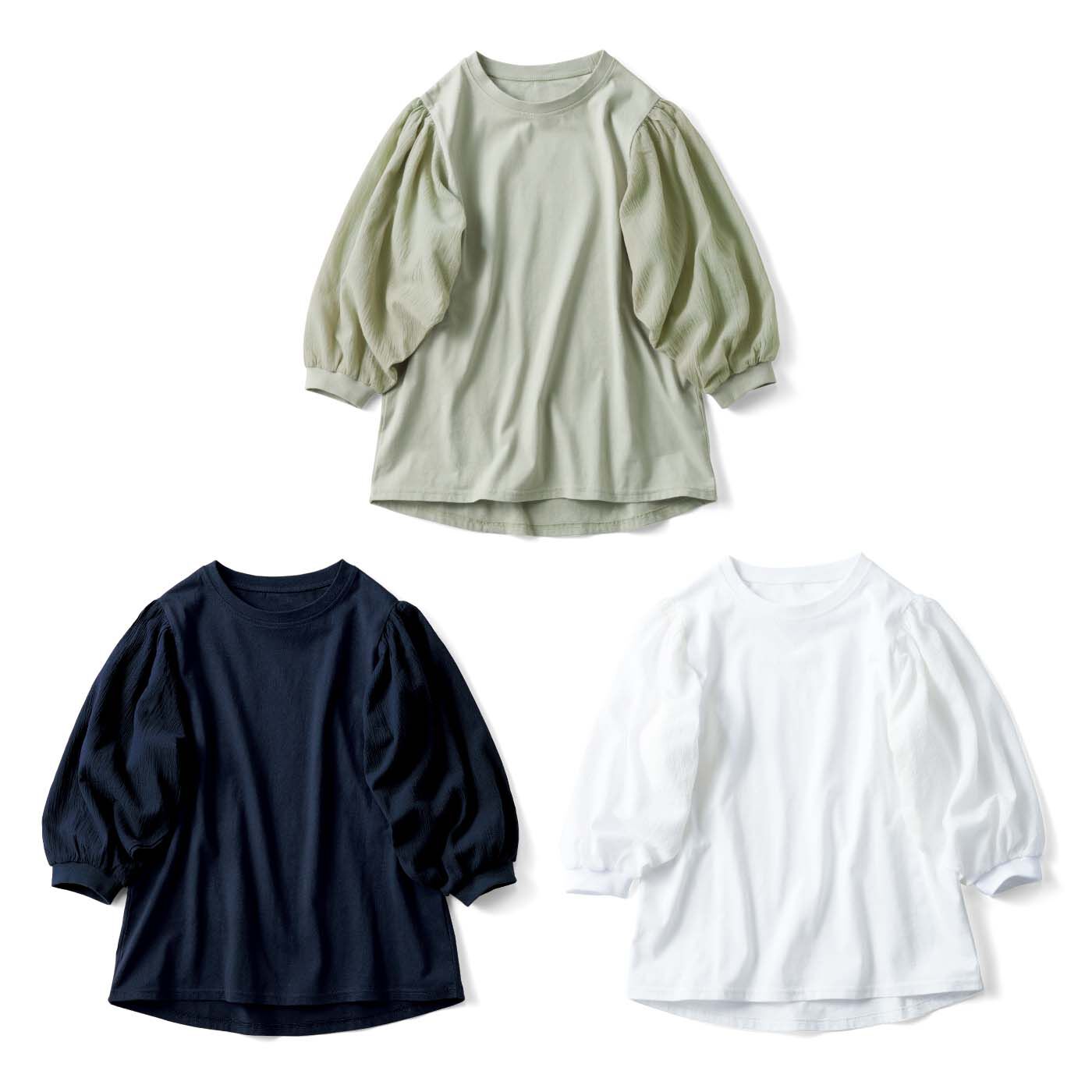 Tシャツ以上に華やぎたい日の異素材コットン。3回エントリーキャンペーン■販売価格¥3,960⇒3ヵ月ずっと特別価格¥3,685■オールコットンでTシャツ級の心地よさなのに、袖部分に涼しげな楊柳(ようり