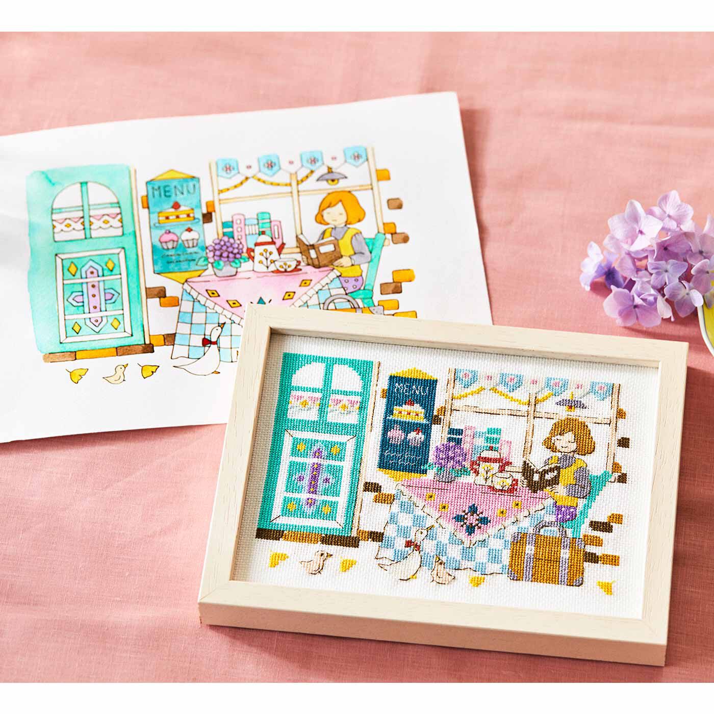 【タイプが選べる】旅する少女から届いたメルヘンな町の絵はがきみたいなクロスステッチ【送料: 450円+税】