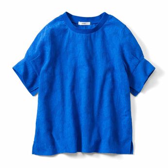 IEDIT[イディット] フラワー織り柄でさり気なく気分があがる コットンドビー素材の袖タックデザインプルオーバー〈ブルー〉