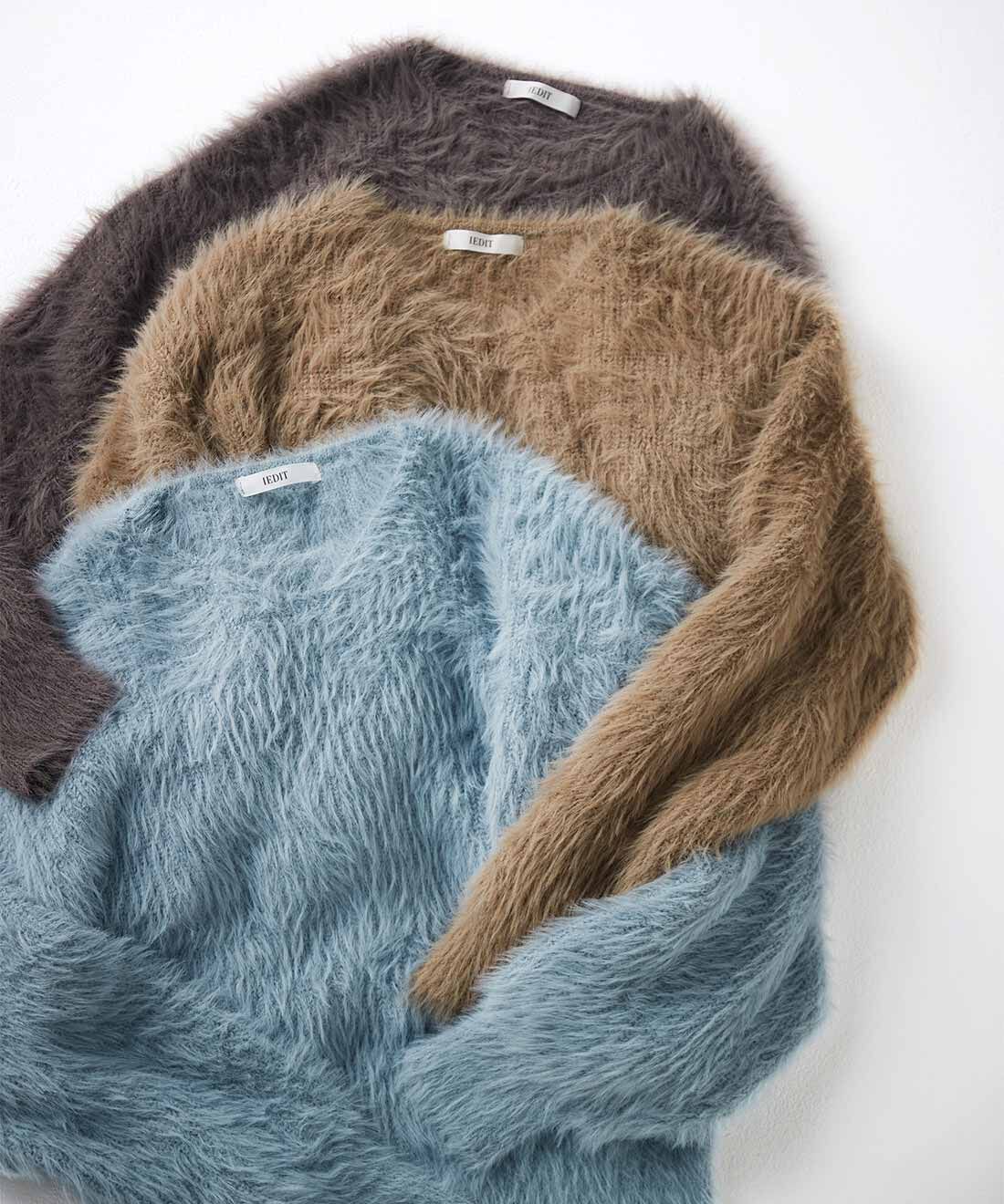 あぜ編みシャギーVネックニット