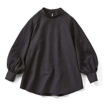 IEDIT[イディット] アンティーク風デザインの袖レースブラウス〈ブラック〉