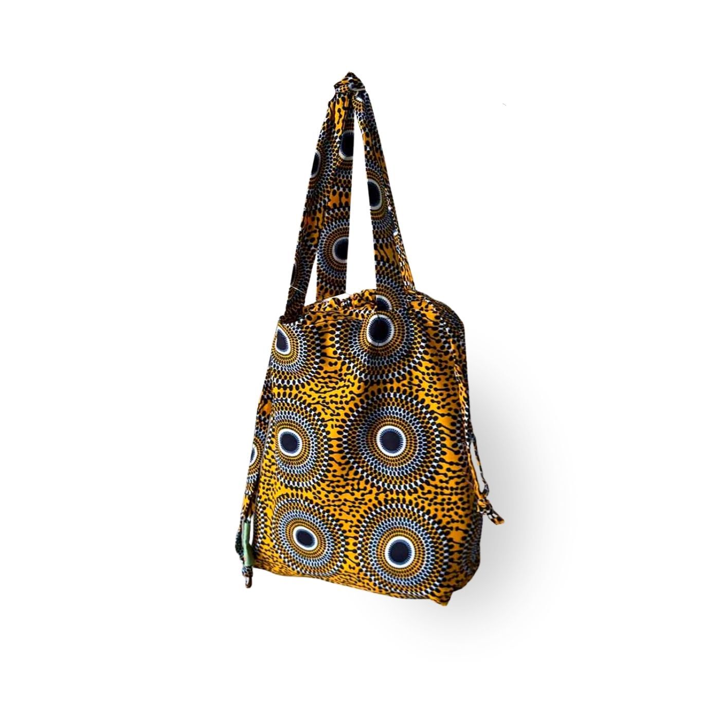 マリでつくられたアフリカンプリントのパーニュ布きんちゃくバッグ 〈波紋〉Ｓサイズ