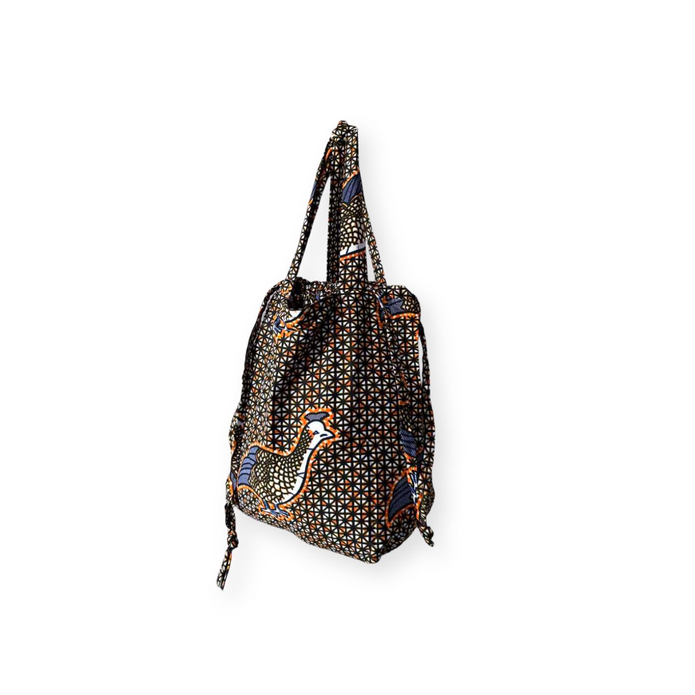 マリでつくられたアフリカンプリントのパーニュ布きんちゃくバッグ 〈雄鶏〉Ｍサイズ