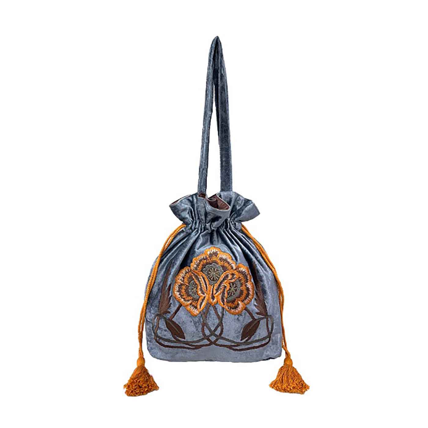 フラワー刺しゅうきんちゃくトートバッグ〈グレー〉