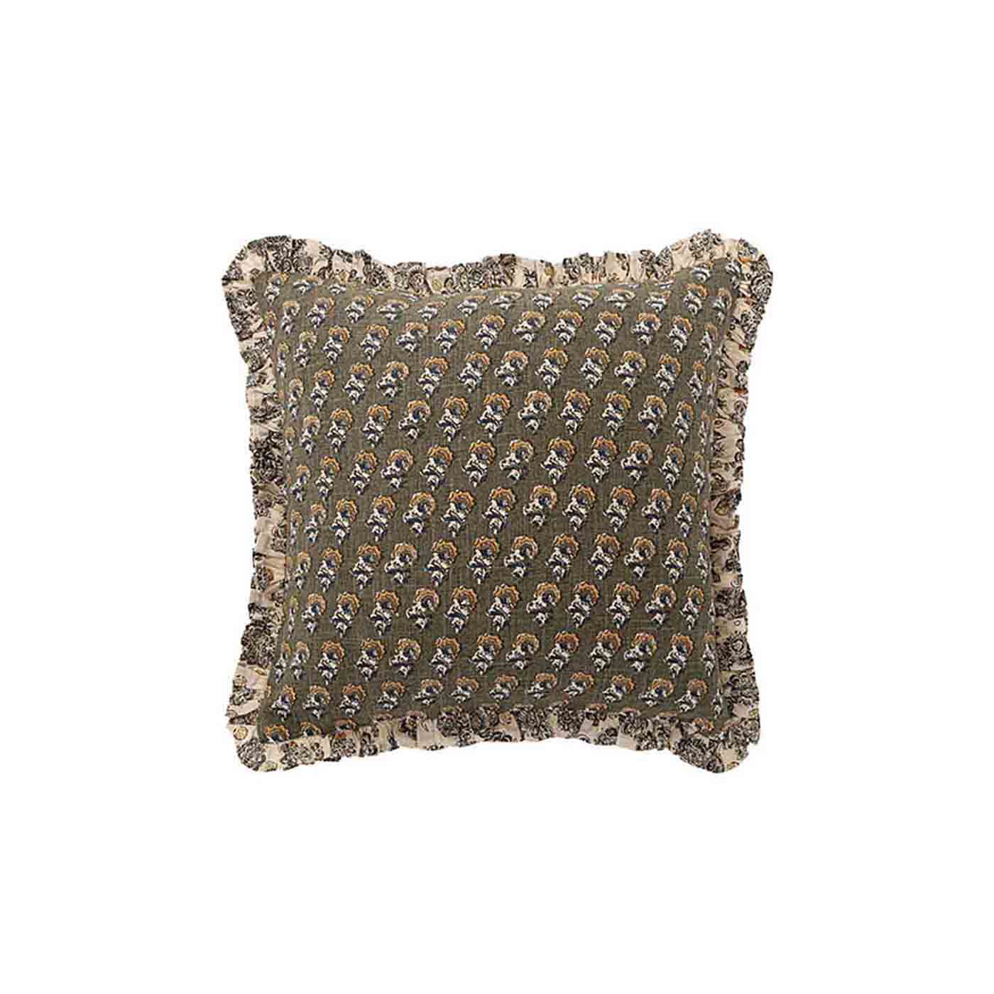 インドの風感じるスラブコットンのクッションカバー〈カーキ〉