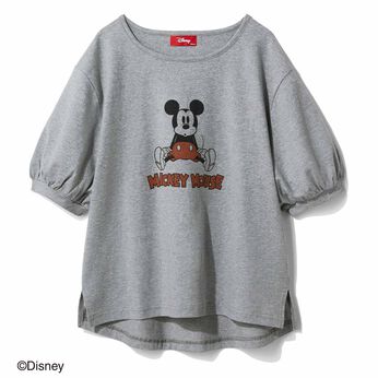 IEDIT[イディット] Disney 古着風プリントの「ミッキーマウス」パフスリーブTシャツ