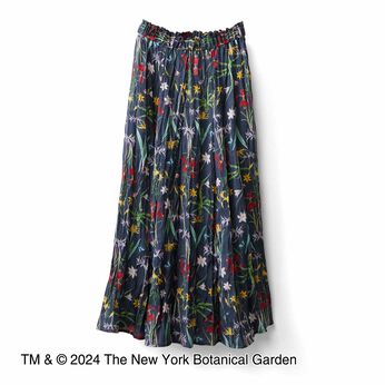 ニューヨーク植物園×IEDIT[イディット] リンクル加工をほどこしたボタニカル柄スカート〈ダークネイビー〉