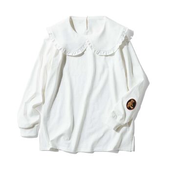 Tシャツ素材でつくったフリル衿のワッペントップス〈ホワイト〉